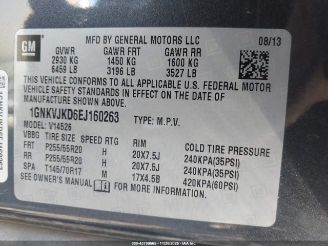 Chevrolet Traverse Ltz 2014 1GNKVJKD6EJ160263 Image 9