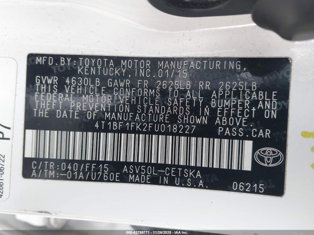 2015 Toyota Camry Se მანქანა იყიდება აუქციონზე, vin: 4T1BF1FK2FU018227, აუქციონის ნომერი: 43799771