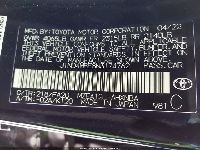 Продажа на аукционе авто 2022 Toyota Corolla Se Nightshade Edition, vin: JTND4MBE8N3174762, номер лота: 43799780