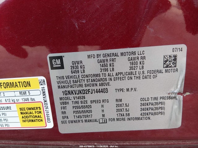 1GNKVJKD2FJ144403 Chevrolet Traverse Ltz