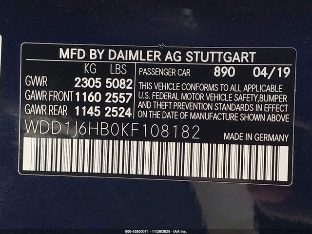 Aukcja sprzedaży 2019 Mercedes-benz E 450, vin: WDD1J6HB0KF108182, numer aukcji: 43800071
