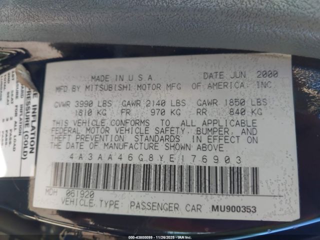 2000 MITSUBISHI GALANT 4A3AA46G8YE176903 Photo 8
