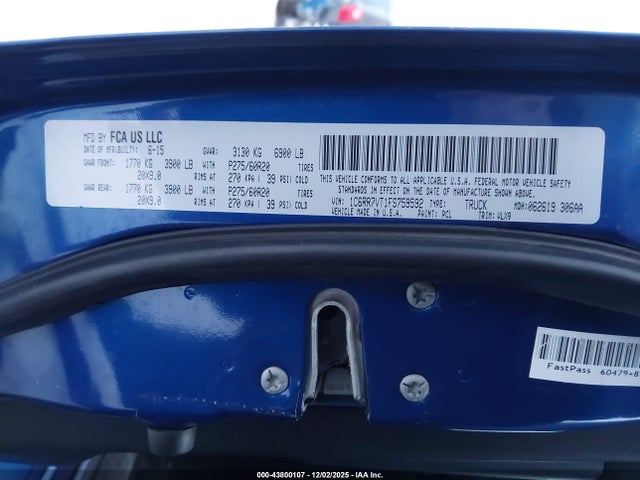2015 Ram 1500 Laramie მანქანა იყიდება აუქციონზე, vin: 1C6RR7VT1FS759592, აუქციონის ნომერი: 43800107