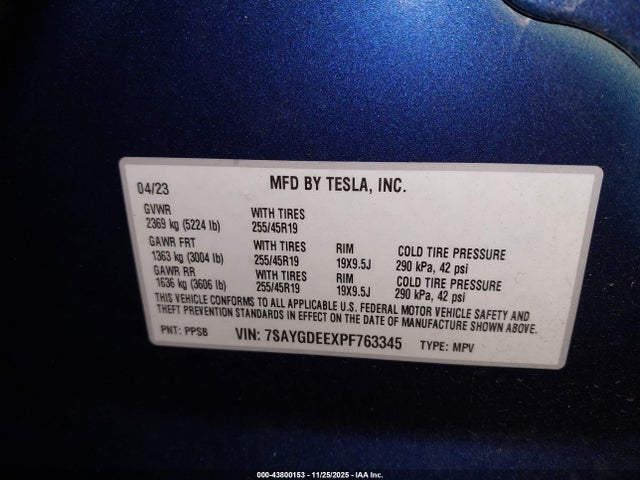 Продажа на аукционе авто 2023 Tesla Model Y, vin: 7SAYGDEEXPF763345, номер лота: 43800153