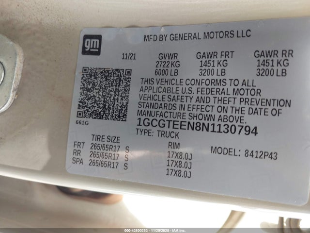 Aukcja sprzedaży 2022 Chevrolet Colorado, vin: 1GCGTEEN8N1130794, numer aukcji: 43800253