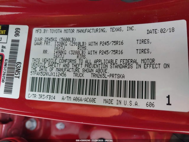 5TFAX5GNXJX112456 Toyota Tacoma Sr