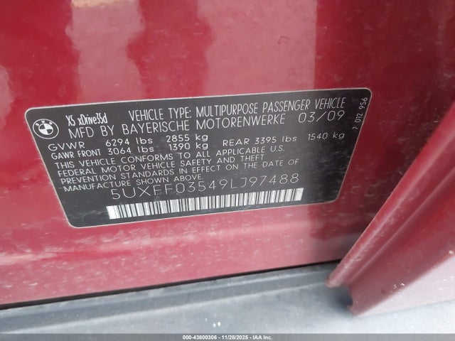 Продаж на аукціоні авто 2009 Bmw X5 Xdrive35d, vin: 5UXFF03549LJ97488, номер лоту: 43800306