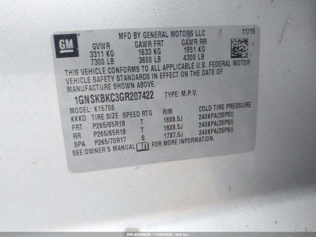 2016 CHEVROLET TAHOE 1GNSKBKC3GR207422 Photo 8