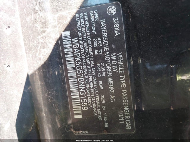 43800475 :رقم المزاد ، WBAPK5G57BNN31559 vin ، 2011 Bmw 328i Xdrive مزاد بيع
