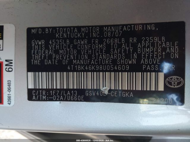 2008 TOYOTA CAMRY 4T1BK46K98U054609 Photo 8
