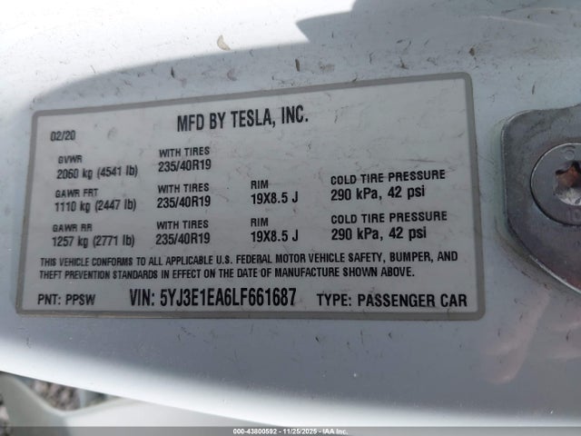 Продаж на аукціоні авто 2020 Tesla Model 3 Standard Range Plus Rear-wheel Drive/standard Range Rear-wheel Drive, vin: 5YJ3E1EA6LF661687, номер лоту: 43800592