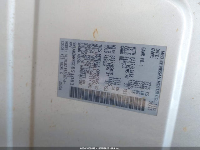 5N1AR2MM8GC651061 Nissan Pathfinder
