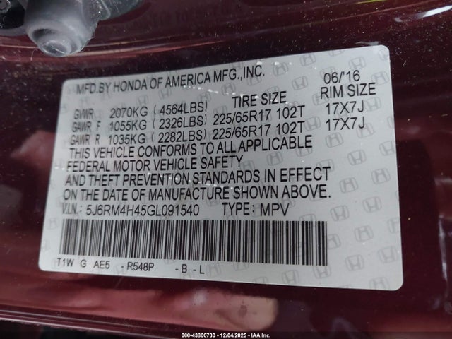 Honda CR-V SE 2016 5J6RM4H45GL091540 Image 9