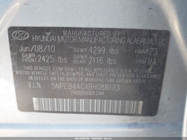 2011 HYUNDAI SONATA 5NPEB4ACXBH088173 Photo 8