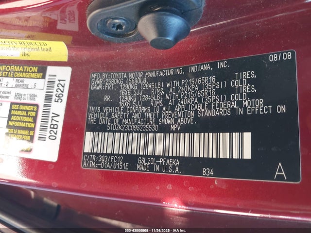 Aukcja sprzedaży 2009 Toyota Sienna Le, vin: 5TDZK23C09S235530, numer aukcji: 43800805