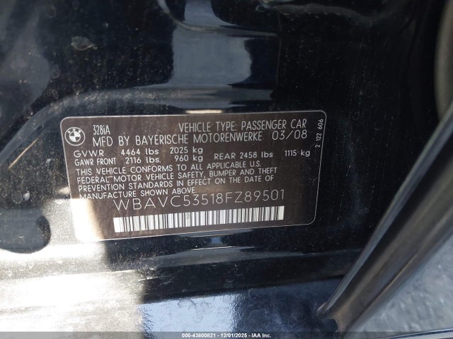 43800821 :رقم المزاد ، WBAVC53518FZ89501 vin ، 2008 Bmw 328i مزاد بيع