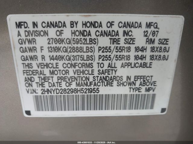 2008 ACURA MDX 2HNYD28298H521955 Photo 8