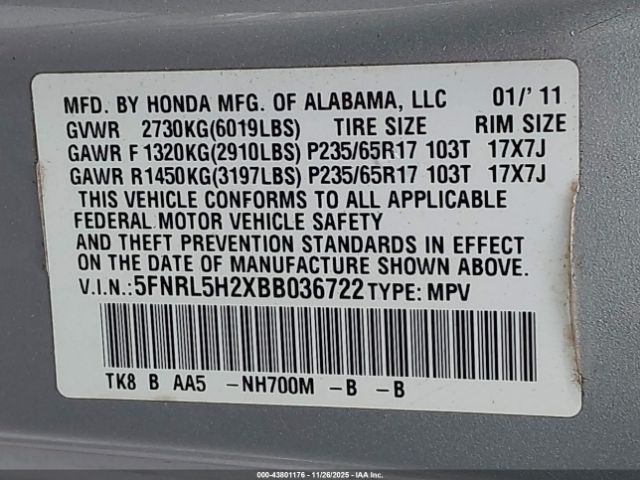 2011 HONDA ODYSSEY 5FNRL5H2XBB036722 Photo 8