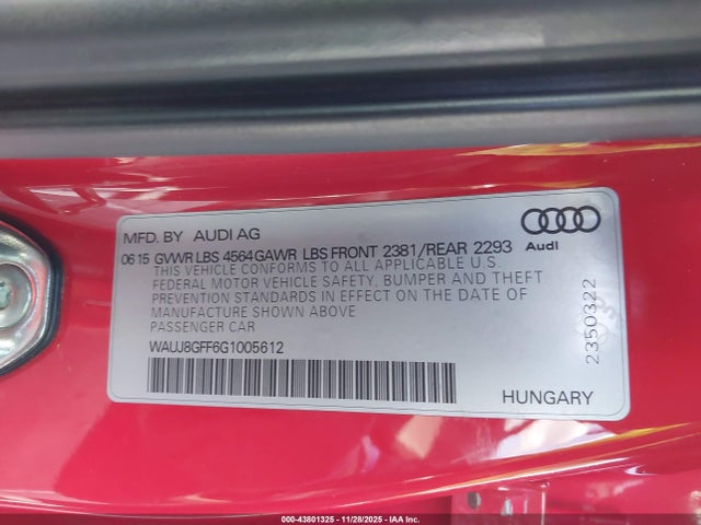 Aukcja sprzedaży 2016 Audi A3 2.0t Premium, vin: WAUJ8GFF6G1005612, numer aukcji: 43801325