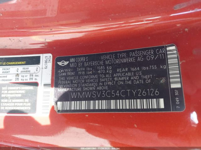 2012 MINI COOPER S WMWSV3C54CTY26126 Photo 8