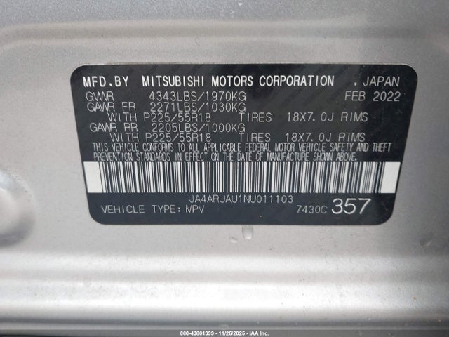 2022 MITSUBISHI OUTLANDER SPORT JA4ARUAU1NU011103 Photo 8