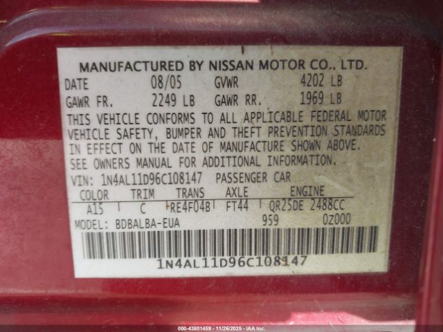 2006 NISSAN ALTIMA 1N4AL11D96C108147 Photo 8