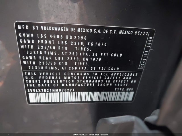 Aukcja sprzedaży 2022 Volkswagen Taos 1.5t Se, vin: 3VVLX7B21NM076221, numer aukcji: 43801521