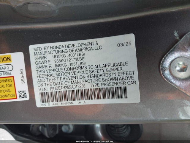 2025 Acura Integra მანქანა იყიდება აუქციონზე, vin: 19UDE4H25SA013258, აუქციონის ნომერი: 43801547