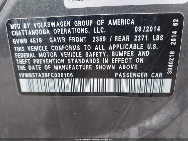 2015 Volkswagen Passat 1.8t Se მანქანა იყიდება აუქციონზე, vin: 1VWBS7A39FC030106, აუქციონის ნომერი: 43801659