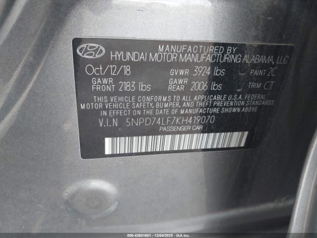 2019 HYUNDAI ELANTRA 5NPD74LF7KH419070 Photo 8