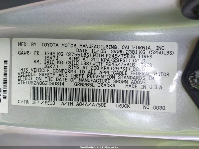 2006 TOYOTA TACOMA 5TETU62N06Z180814 Photo 8