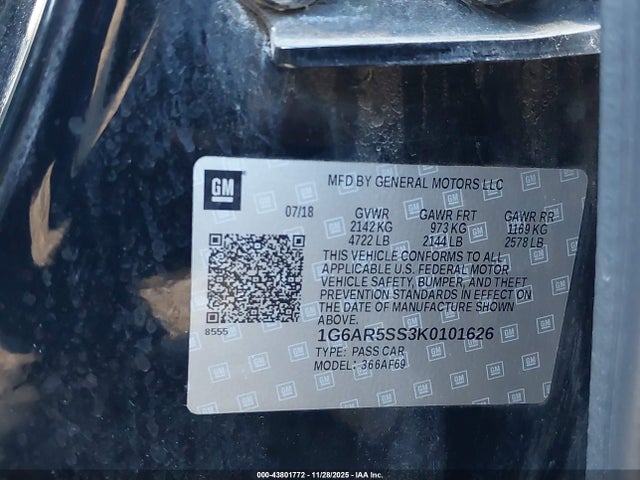 Продаж на аукціоні авто 2019 Cadillac Cts Luxury, vin: 1G6AR5SS3K0101626, номер лоту: 43801772