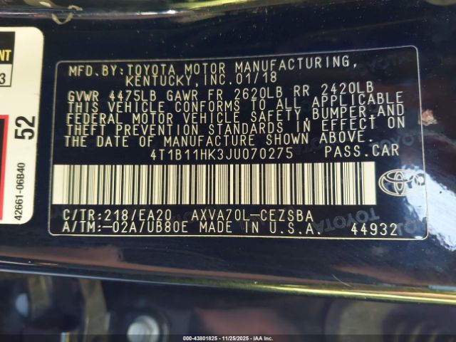 2018 TOYOTA CAMRY 4T1B11HK3JU070275 Photo 8