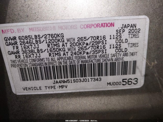 2003 MITSUBISHI MONTERO JA4NW51S03J017343 Photo 8