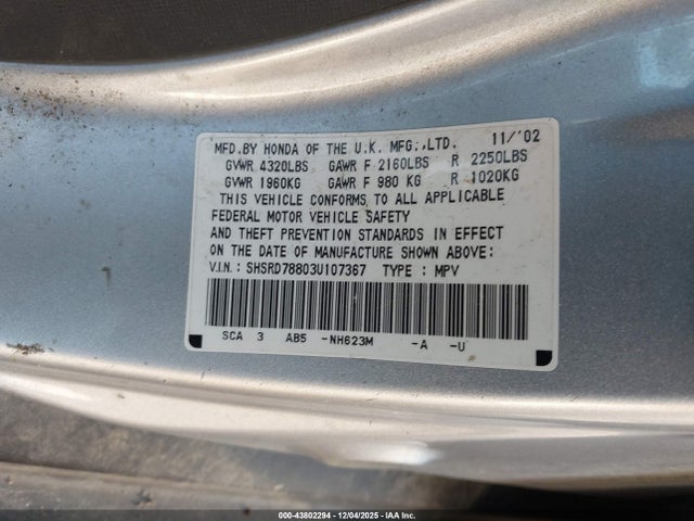 Продаж на аукціоні авто 2003 Honda Cr-v Ex, vin: SHSRD78803U107367, номер лоту: 43802294