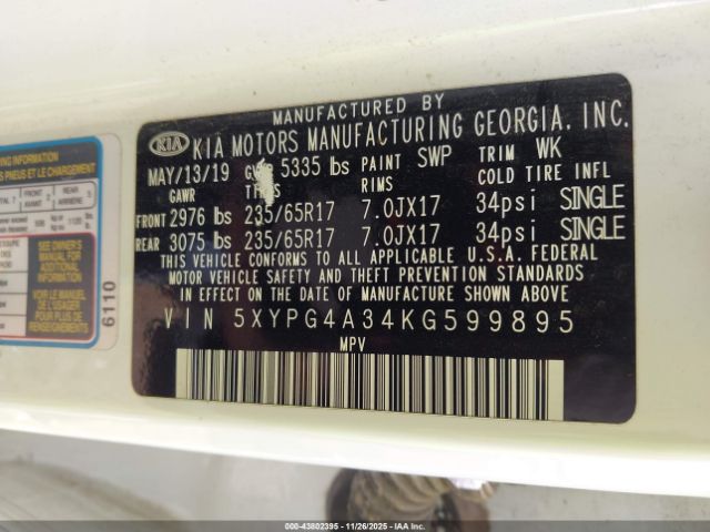 2019 KIA SORENTO 5XYPG4A34KG599895 Photo 8