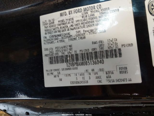 2011 FORD MUSTANG 1ZVBP8AM0B5136040 Photo 8