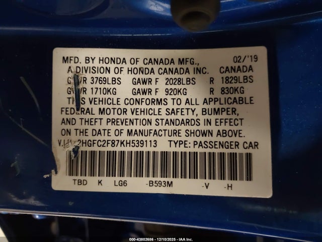2019 Honda Civic Sport მანქანა იყიდება აუქციონზე, vin: 2HGFC2F87KH539113, აუქციონის ნომერი: 43802686