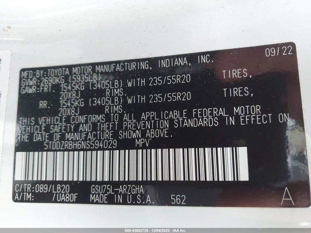 2022 TOYOTA HIGHLANDER 5TDDZRBH6NS594029 Photo 8