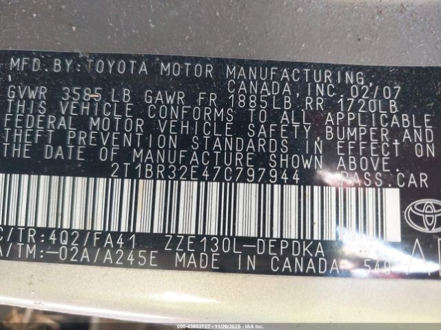 2007 TOYOTA COROLLA 2T1BR32E47C797944 Photo 8