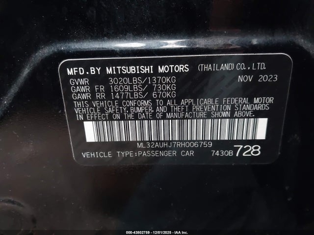2024 MITSUBISHI MIRAGE ML32AUHJ7RH006759 Photo 8