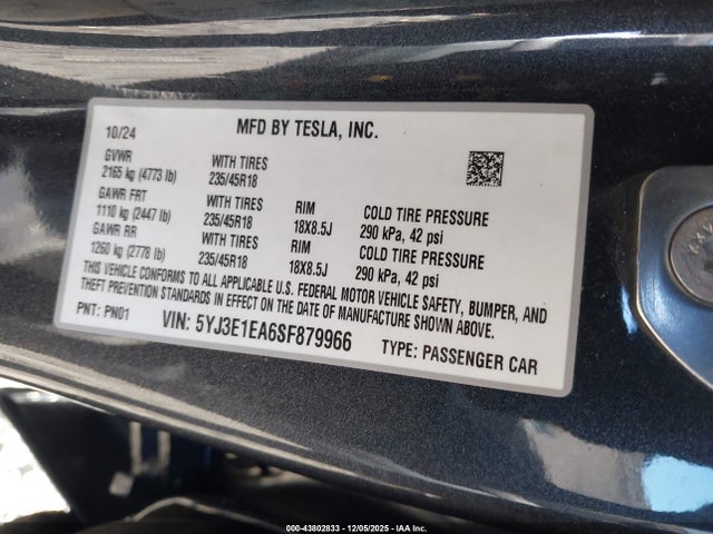 2025 Tesla Model 3 Long Range Rear-wheel Drive/standard მანქანა იყიდება აუქციონზე, vin: 5YJ3E1EA6SF879966, აუქციონის ნომერი: 43802833