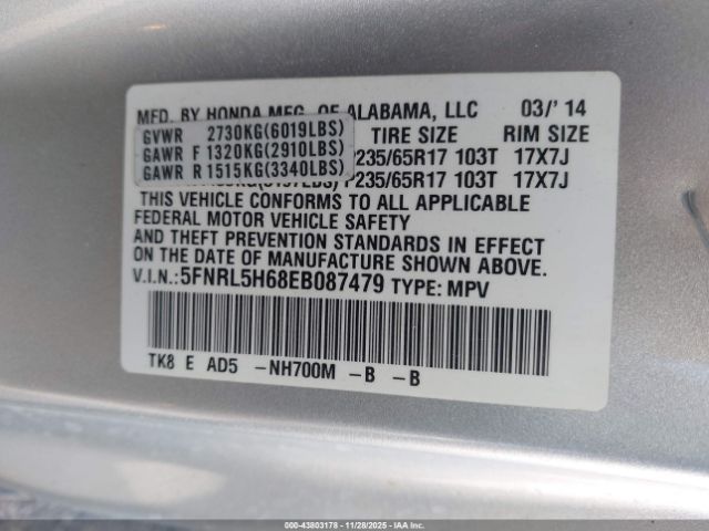 2014 HONDA ODYSSEY 5FNRL5H68EB087479 Photo 8