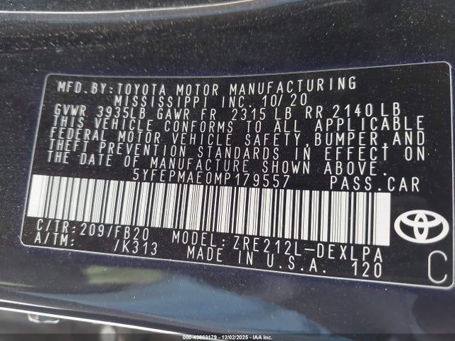 Toyota COROLLA LE 2021 5YFEPMAE0MP179557 Image 9