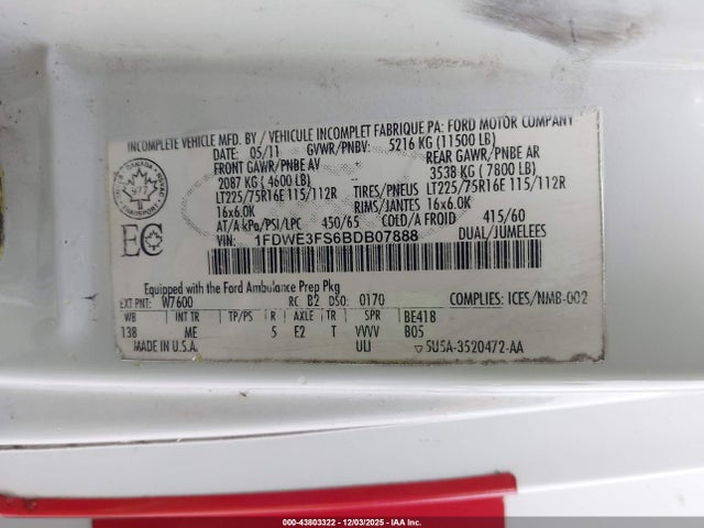 43803322 :رقم المزاد ، 1FDWE3FS6BDB07888 vin ، 2011 Ford E-350 Cutaway مزاد بيع