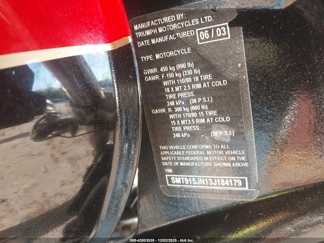 Aukcja sprzedaży 2003 Triumph Motorcycle Speed Master, vin: SMT915JN13J184179, numer aukcji: 43803538