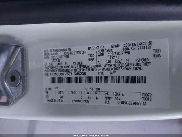 Продажа на аукционе авто 2014 Ford Escape S, vin: 1FMCU0F75EUC46236, номер лота: 43803649