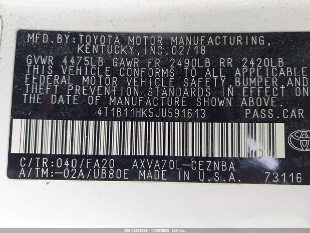 4T1B11HK5JU591613 Toyota CAMRY LE