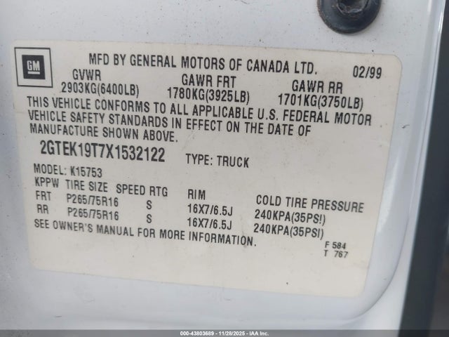 43803689 :رقم المزاد ، 2GTEK19T7X1532122 vin ، 1999 Gmc Sierra 1500 Sle مزاد بيع