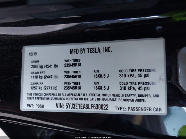 2020 TESLA MODEL 3 5YJ3E1EA8LF630022 Photo 8